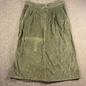 Vintage Gemini Olive Green Corduroy Midi Skirt Pleated Pockets Size 13/14
